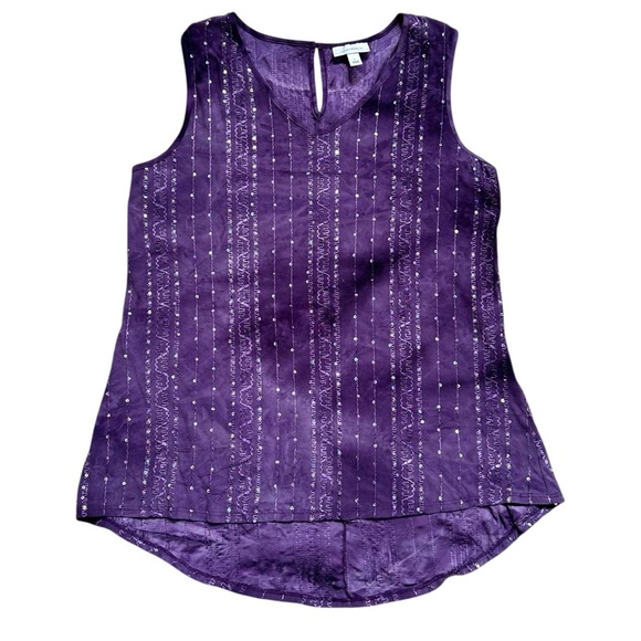 DRESSBARN Purple Summer High Low Sleeveless Sequin Embellished V-Neck Tank Sz L - Picture 4 of 15